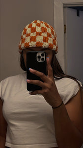 Checkered Beanie - Orange and Creme